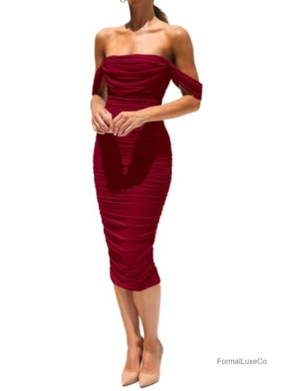Off Shoulder Bodycon Midi Dress Ruched Mesh Party Cocktail Dress